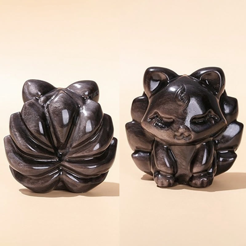 Silberglanz-Obsidian-Figur mit neunschwänzigem Fuchs, 7 cm, Schutz