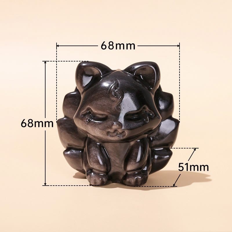 Silberglanz-Obsidian-Figur mit neunschwänzigem Fuchs, 7 cm, Schutz