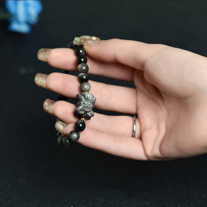 Silbernes Schutzarmband aus Obsidian, 8 mm Meditationsperlen