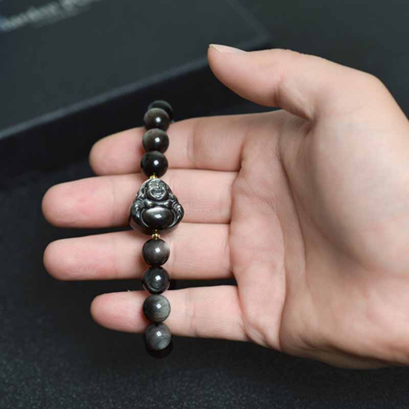Silbernes Schutzarmband aus Obsidian, 8 mm Meditationsperlen