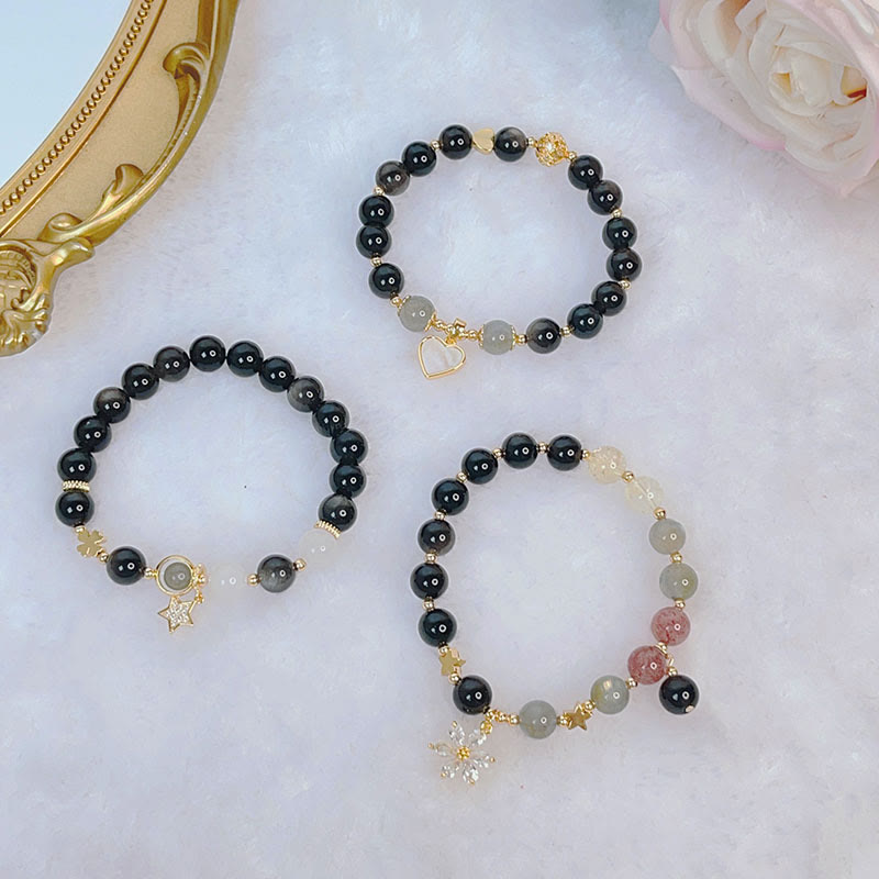 Silbernes Schutzarmband aus Obsidian mit Liebesherz-Anhänger