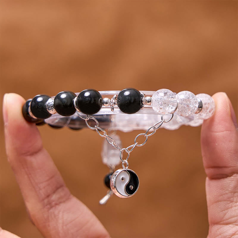 Silbernes Schutzarmband aus Obsidian mit Yin-Yang-Lotus-Anhänger