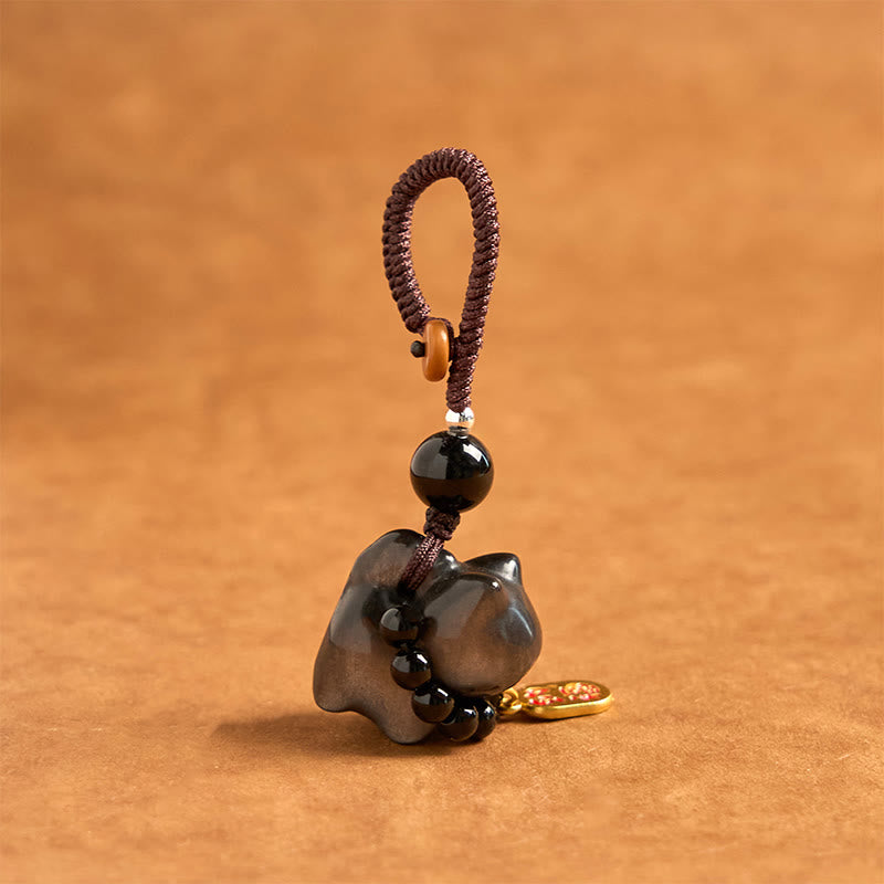 Silberner Obsidian-Schutz-Schlüsselanhänger mit Fu-Charakter