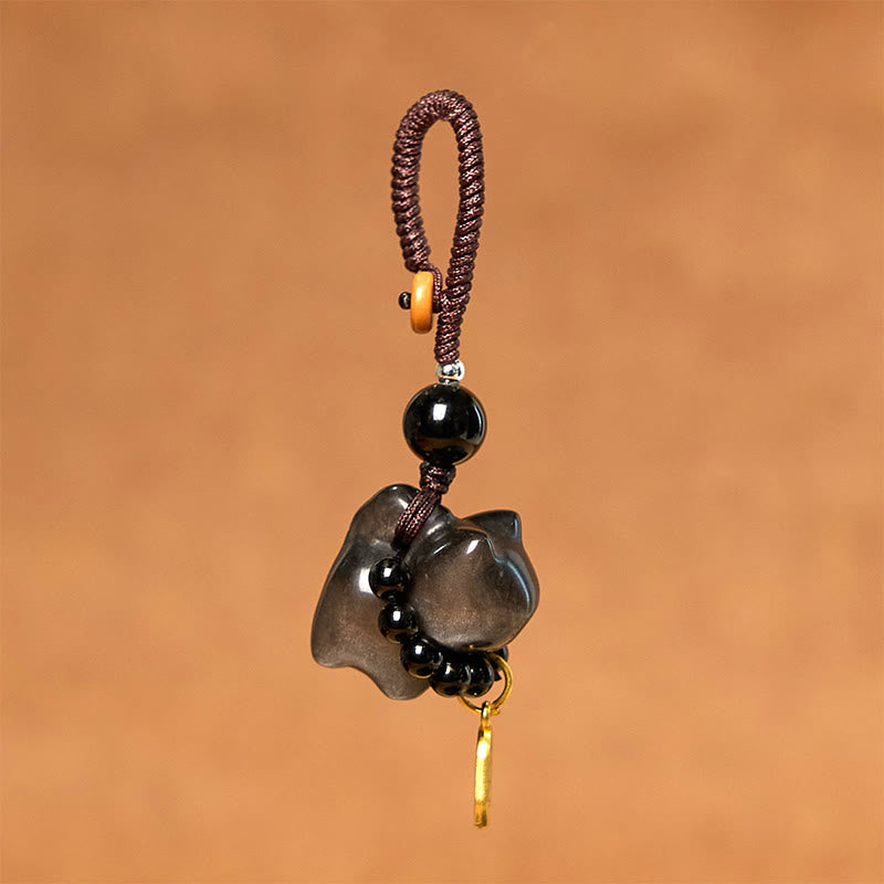Silberner Obsidian-Schutz-Schlüsselanhänger mit Fu-Charakter