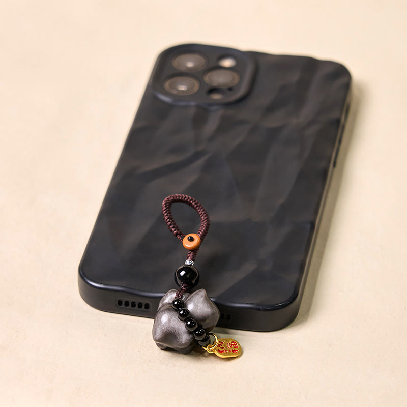 Silberner Obsidian-Schutz-Schlüsselanhänger mit Fu-Charakter