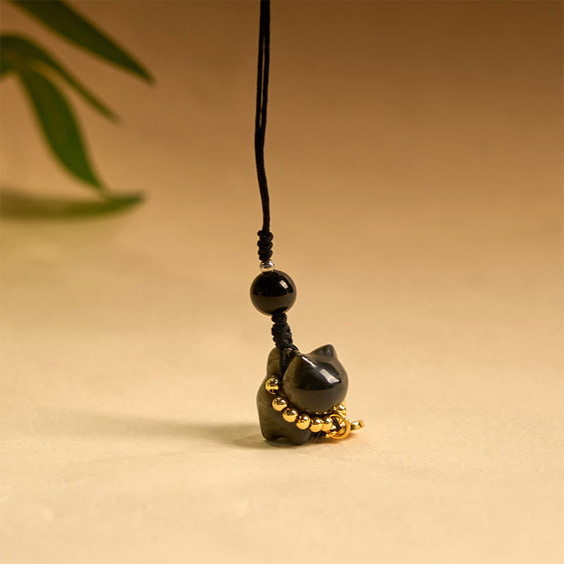 Silberner Obsidian-Schutz-Schlüsselanhänger mit Fu-Charakter