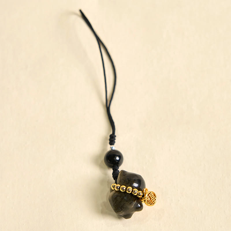 Silberner Obsidian-Schutz-Schlüsselanhänger mit Fu-Charakter