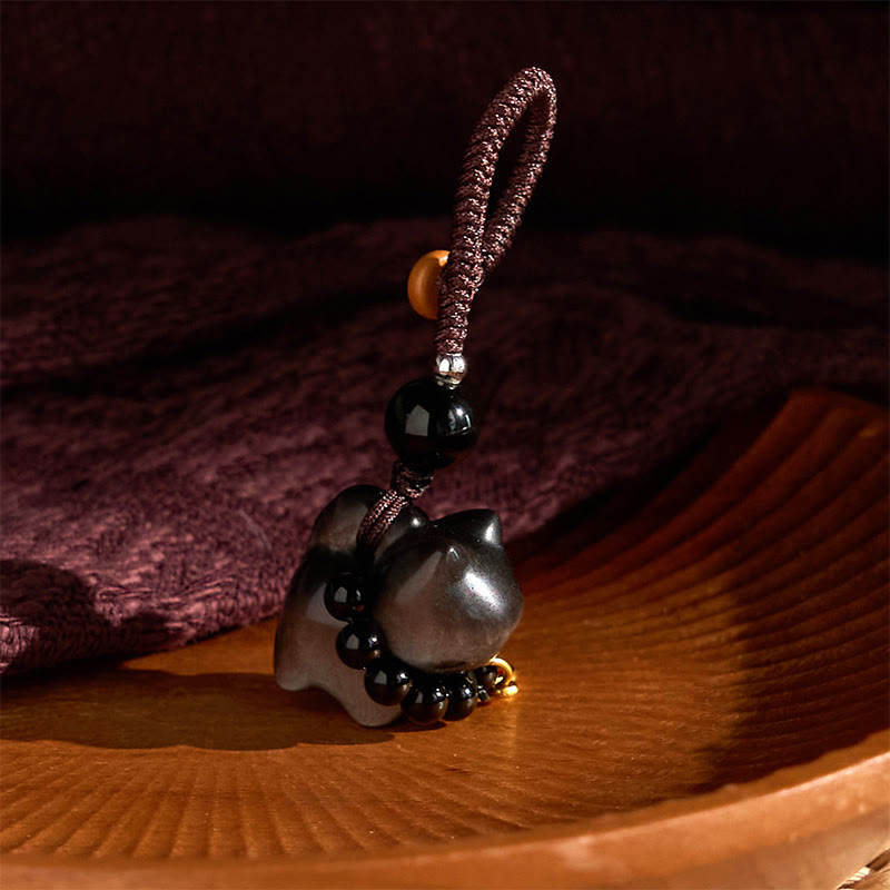 Silberner Obsidian-Schutz-Schlüsselanhänger mit Fu-Charakter