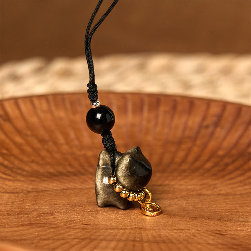 Silberner Obsidian-Schutz-Schlüsselanhänger mit Fu-Charakter