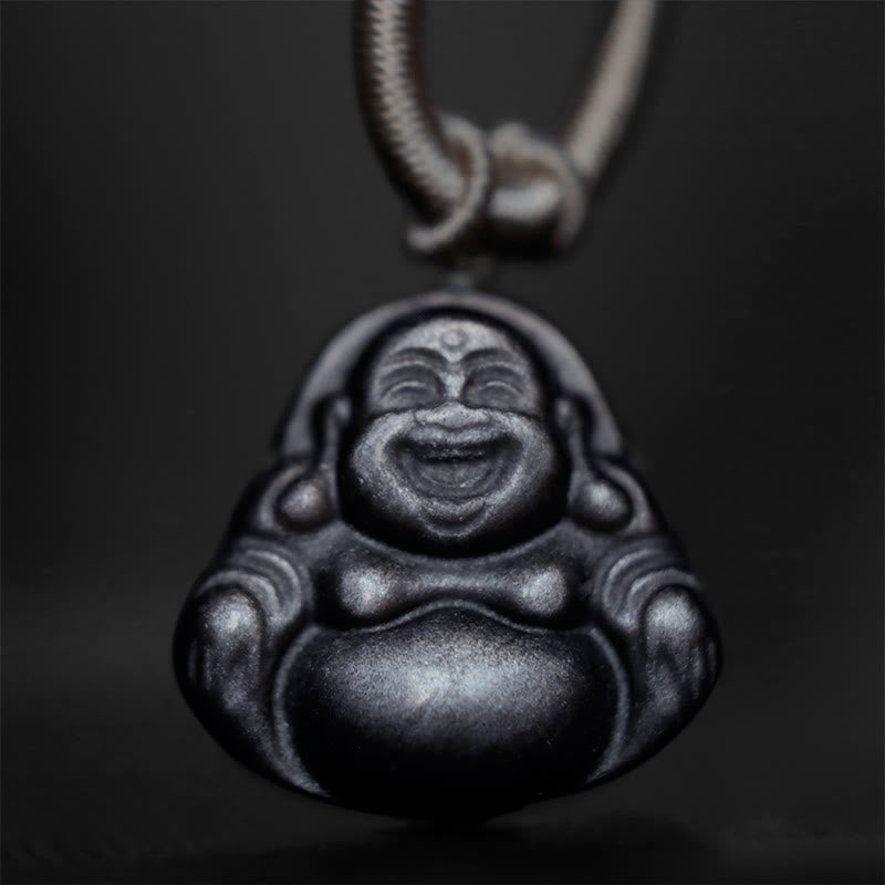 Silberschimmernde Obsidian-Schutzkette mit lachendem Buddha