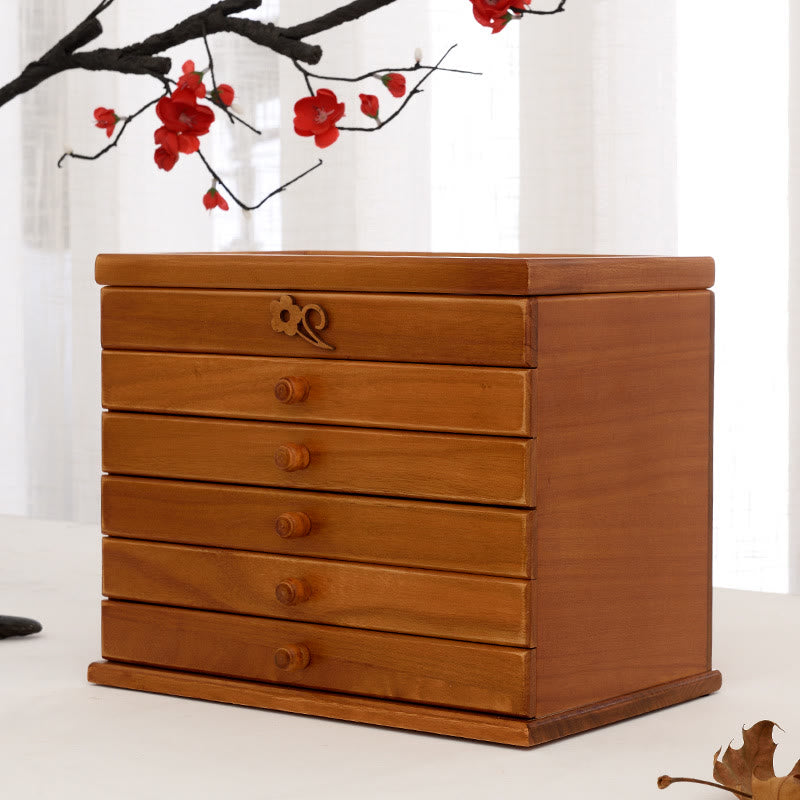 Sechsschichtige Schmuckschatulle aus Holz mit Vintage-Pflaumenblütenschnitzereien