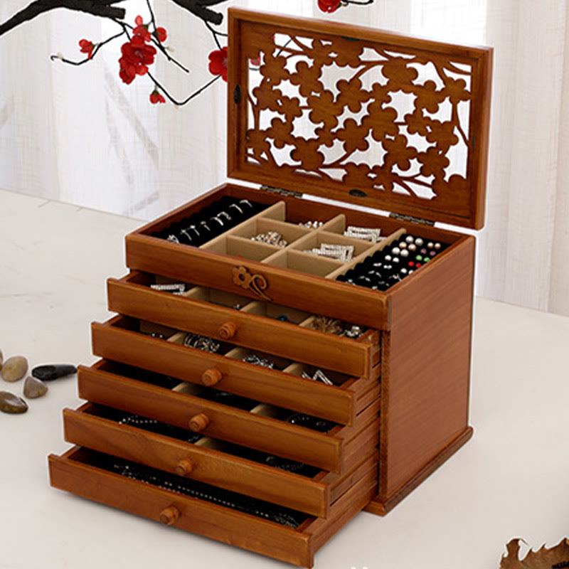 Sechsschichtige Schmuckschatulle aus Holz mit Vintage-Pflaumenblütenschnitzereien