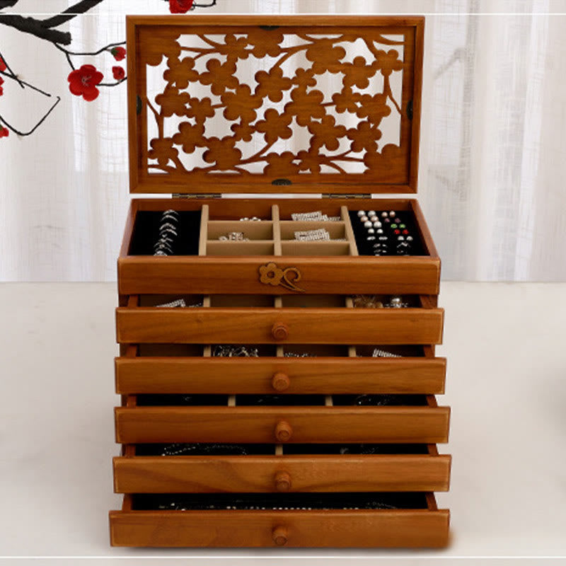 Sechsschichtige Schmuckschatulle aus Holz mit Vintage-Pflaumenblütenschnitzereien