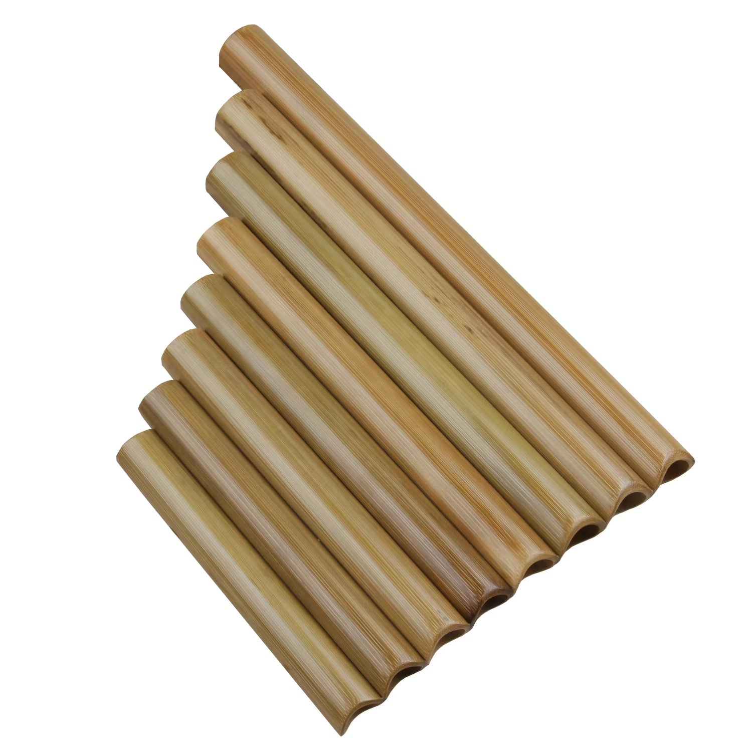 Small Brown Bamboo Pan Flute featuring 8 descending bamboo pipes in natural arrangement
