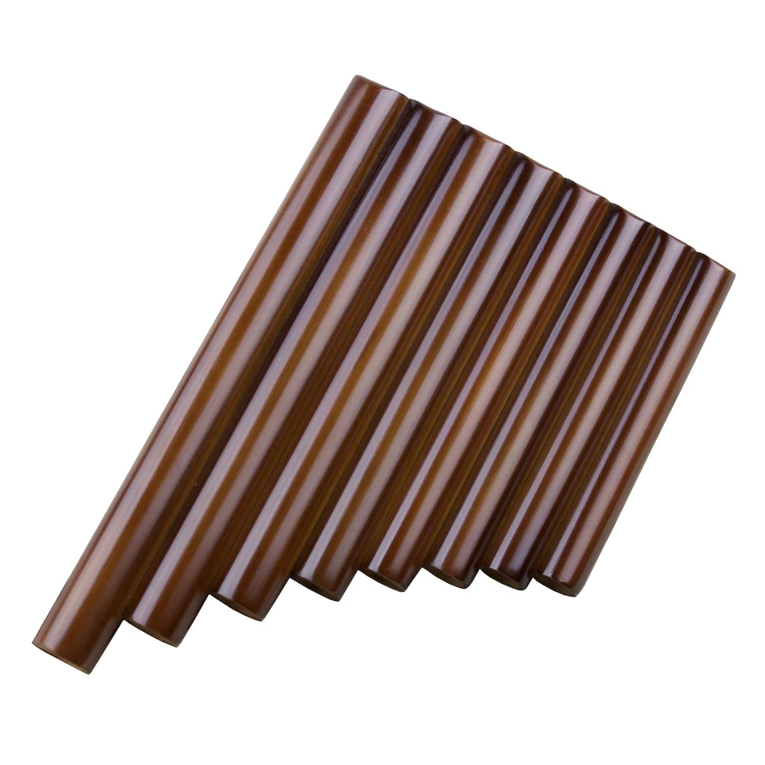 Small Brown Bamboo Pan Flute with 8 wooden pipes arranged in descending order