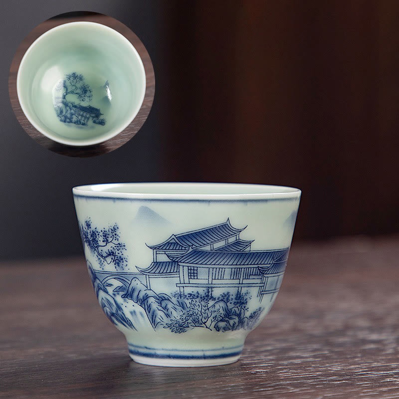 Kleine Keramik-Teetasse 50 ml | Blaue Landschaft, handgefertigtes Geschirr