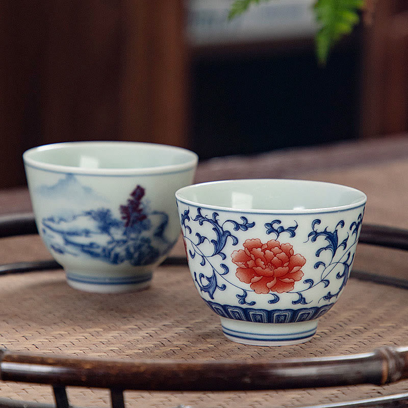 Kleine Keramik-Teetasse 50 ml | Blaue Landschaft, handgefertigtes Geschirr