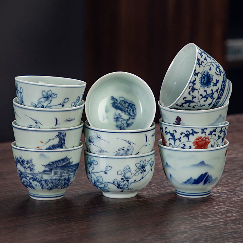 Kleine Keramik-Teetasse 50 ml | Blaue Landschaft, handgefertigtes Geschirr
