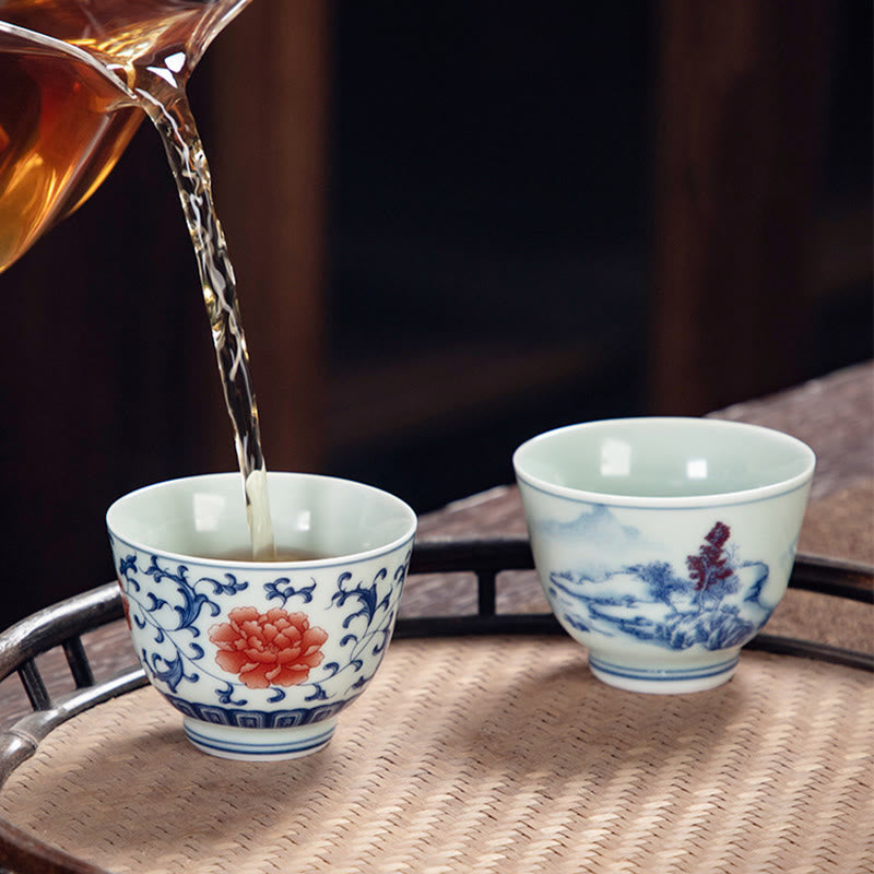 Kleine Keramik-Teetasse 50 ml | Blaue Landschaft, handgefertigtes Geschirr
