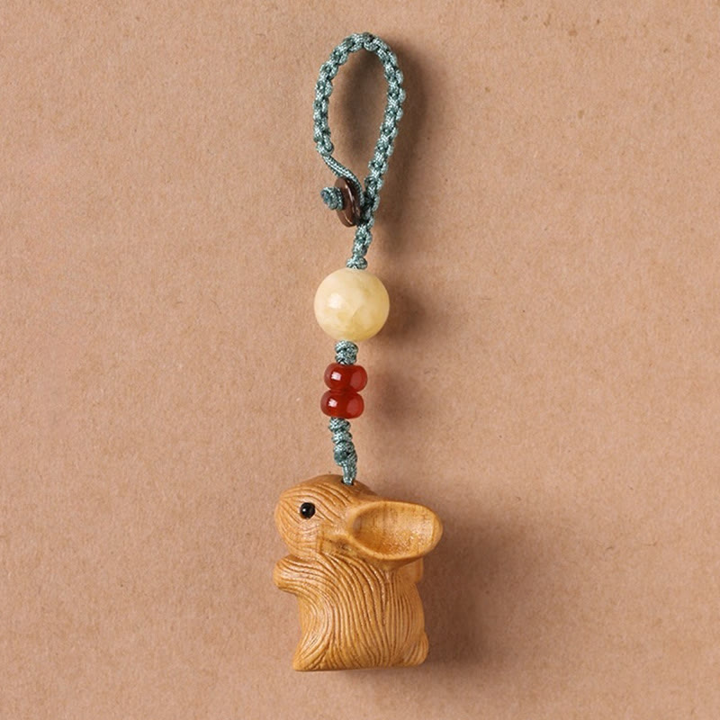 Schlüsselanhänger mit kleinem Blatt aus rotem Sandelholz, Glückskaninchen, Schutzanhänger