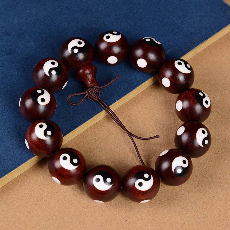 Kleines Yin-Yang-Armband aus rotem Sandelholz mit Blättern, 20 mm