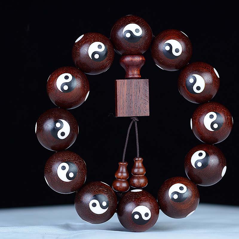 Kleines Yin-Yang-Armband aus rotem Sandelholz mit Blättern, 20 mm