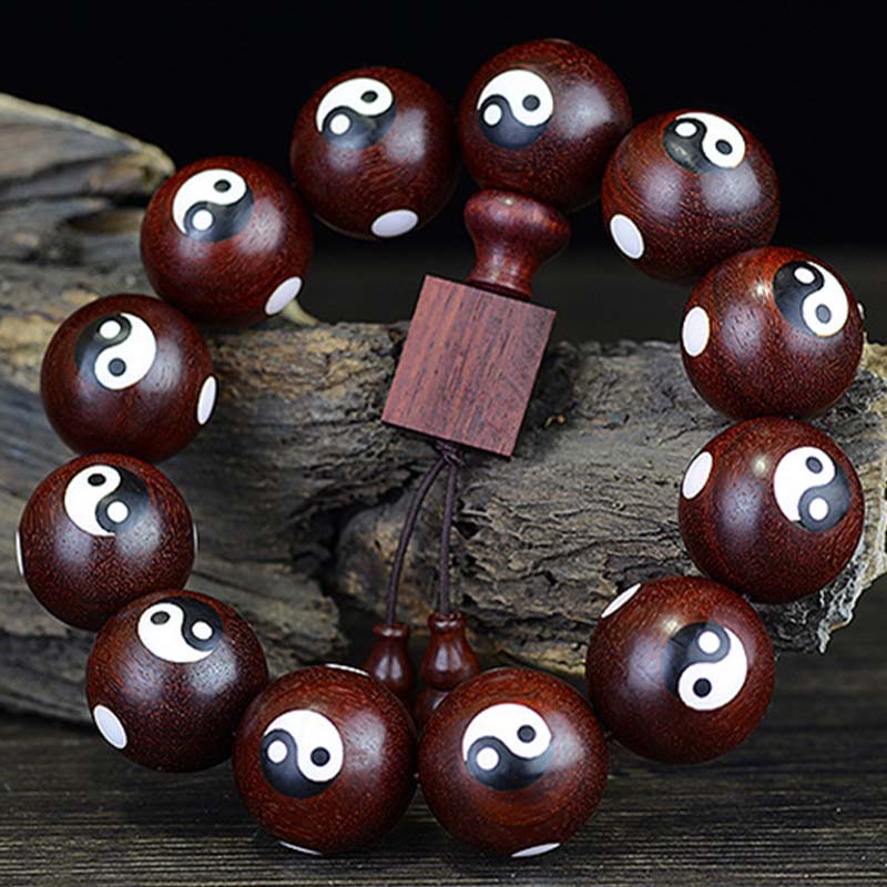 Kleines Yin-Yang-Armband aus rotem Sandelholz mit Blättern, 20 mm
