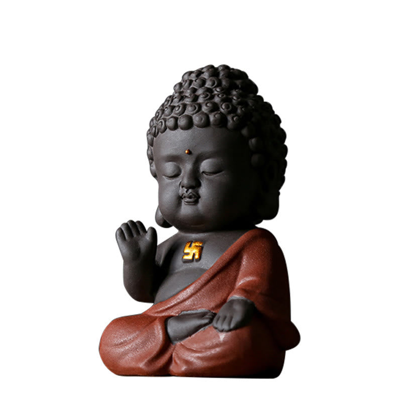 Kleine Buddha-Statue aus violettem Ton für Gelassenheit zu Hause