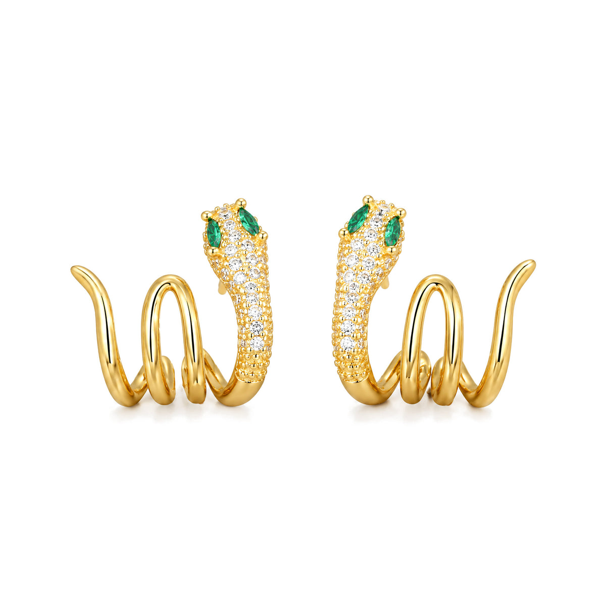 925 Sterling Silver Green-eyed Snake Earrings for Harmony, Green-eyed Snake Gold, on a white background