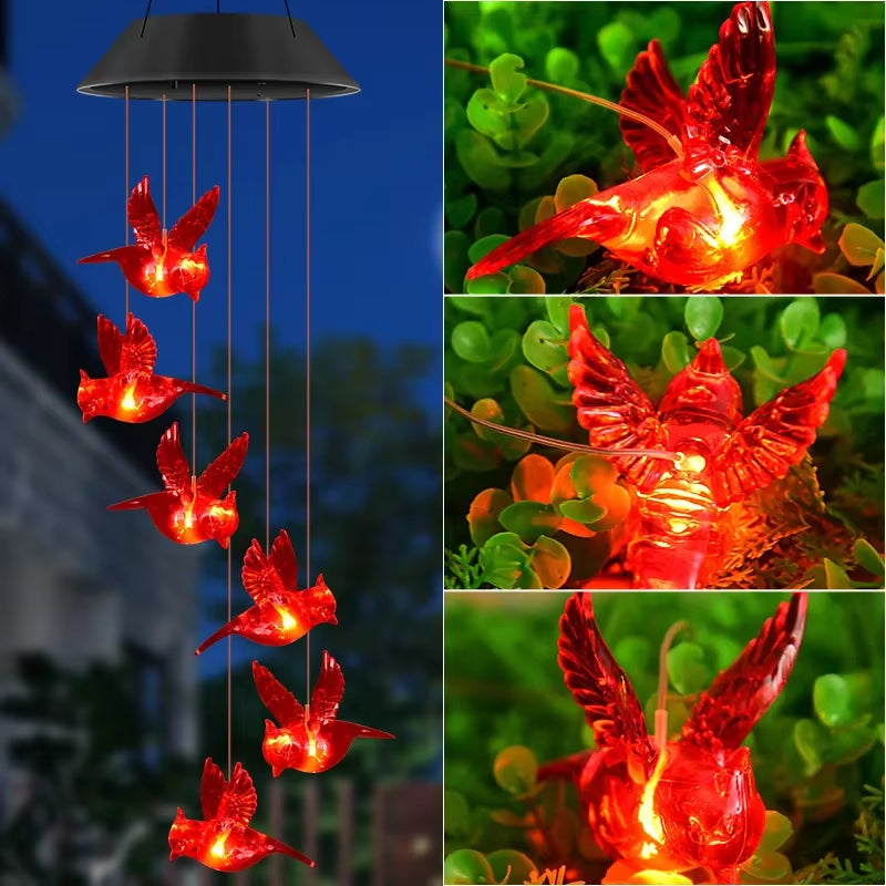 Solar Angel Wind Chime Light with glowing red hummingbird lights and waterproof design