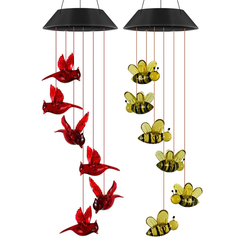 Solar Bee Wind Chime Lamp with red cardinals and yellow bumblebees for gardens