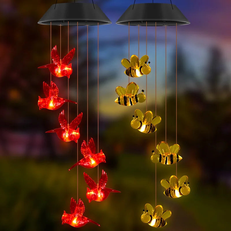 Solar Bee Wind Chime Lamp featuring glowing red hummingbirds and yellow bees