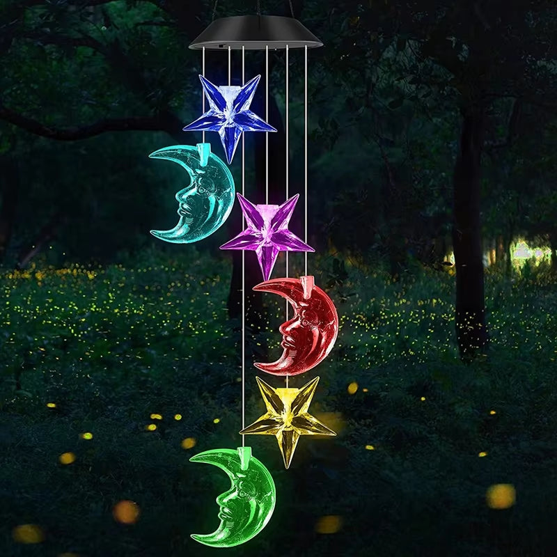 Solar Butterfly Wind Chimes Outdoor LED Lights with colorful moons and stars