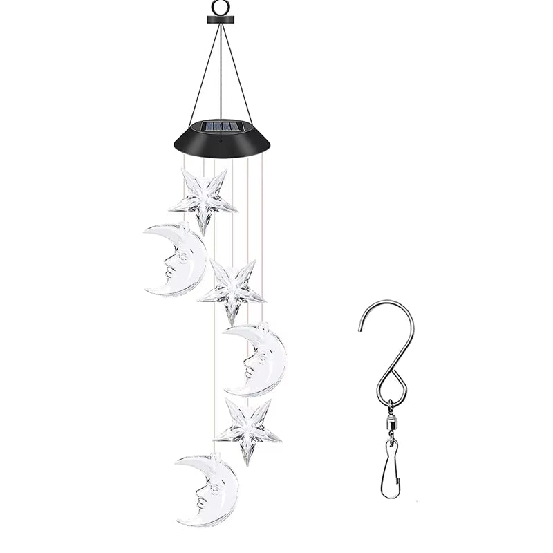 Solar-powered wind chime with moons and stars for outdoor LED decor elegance