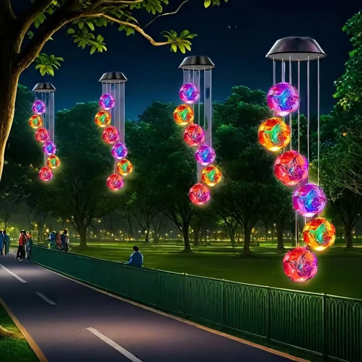 Colorful illuminated wind chimes with glowing spirals on posts for outdoor decor