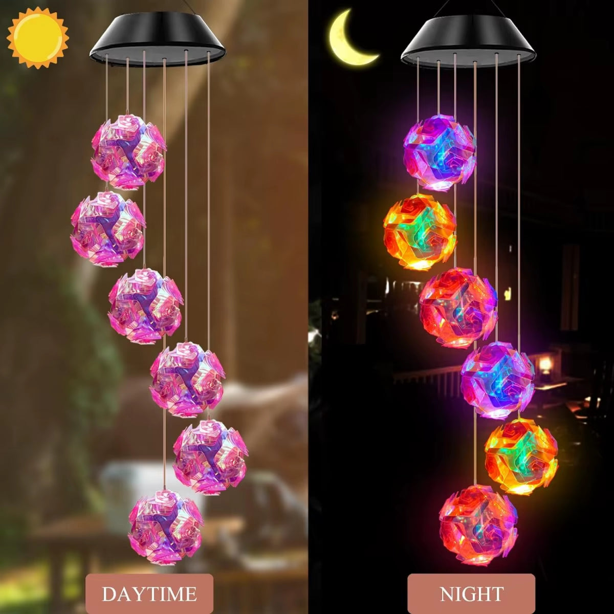 Solar Color-Changing Wind Chime Light with illuminated crystal spheres hanging vertically