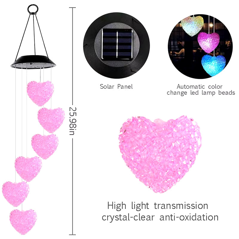 Solar Color-Changing Wind Chime with Pink Heart Crystals for Garden Decor