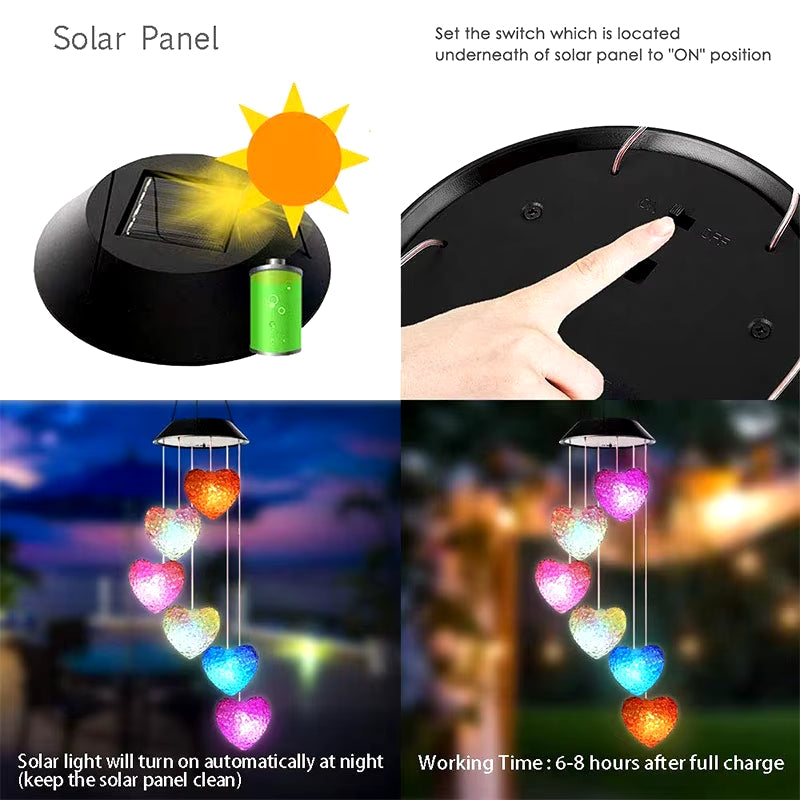 Solar Color-Changing Heart Wind Chime with LED Lights for Garden Decor