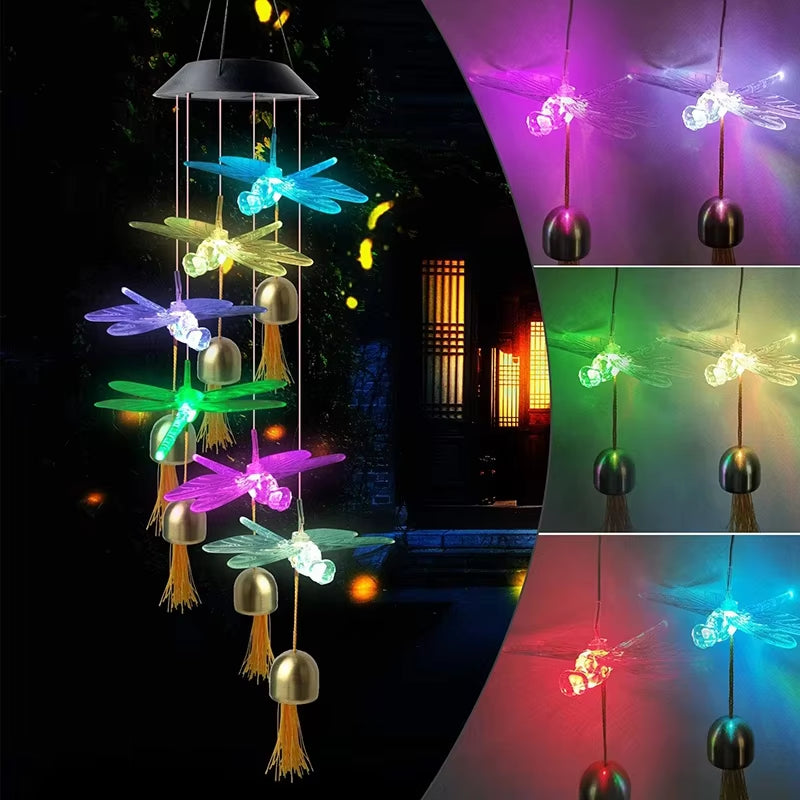 Color-changing Solar Dragonfly Wind Chime LED Outdoor Decor with bells and tassels