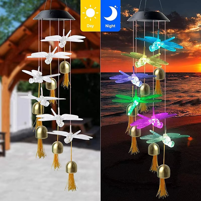 Solar Dragonfly Wind Chime with LED glowing elements and brass bells for outdoor decor