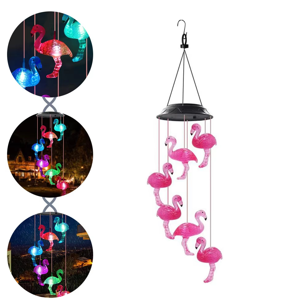 Solar-powered LED Flamingo Wind Chime Light with color-changing outdoor decor lights