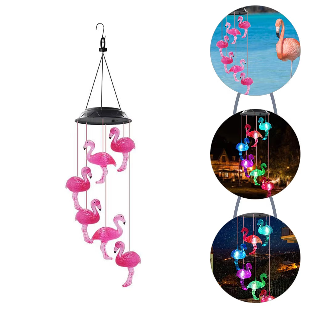 Solar-powered wind chime with color-changing LED flamingos for outdoor decor