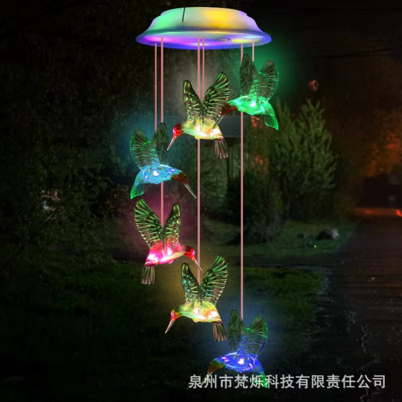 Color-changing LED wind chime with hummingbirds for Solar Hummingbird Garden Decor