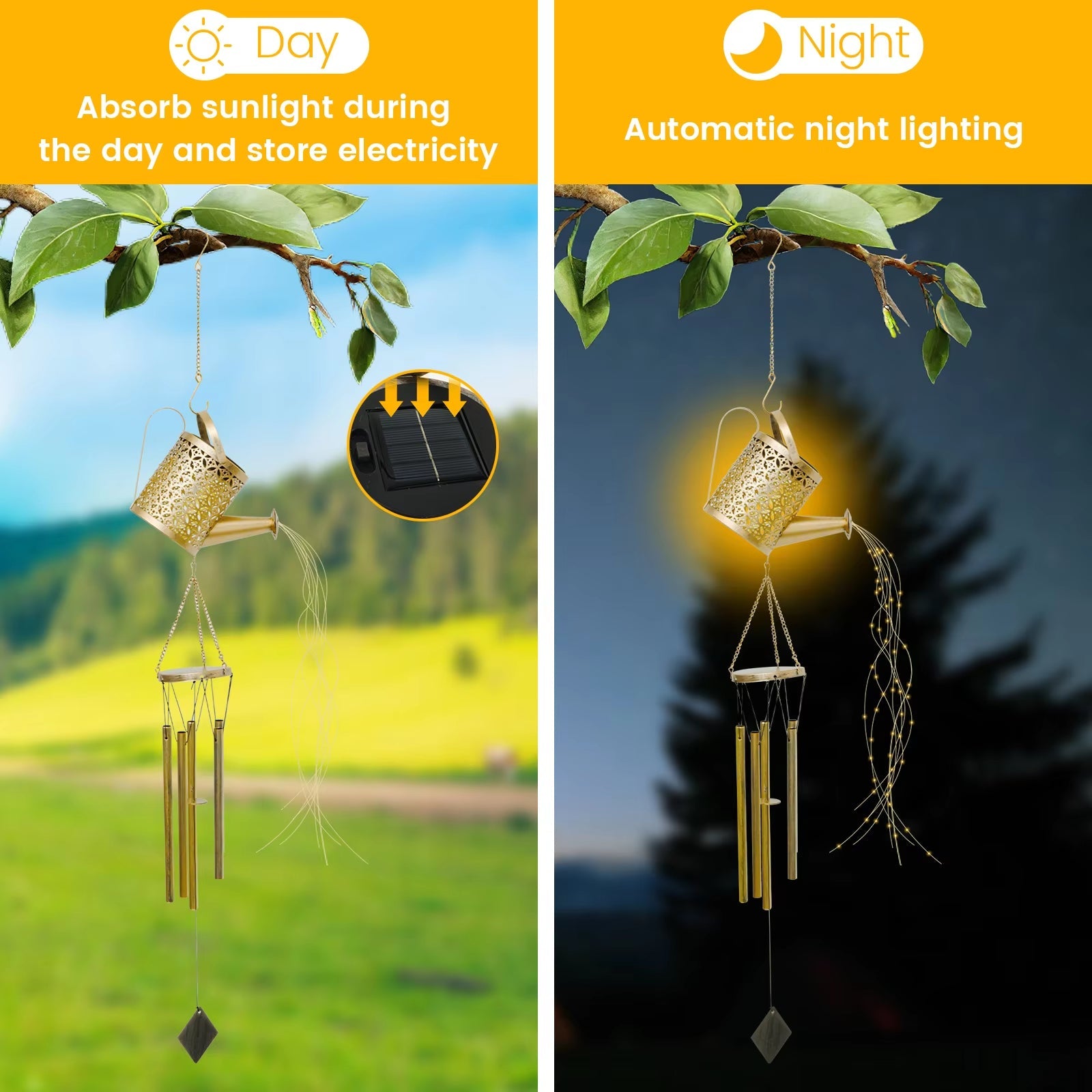 Solar Water Can Wind Chimes with LED Lights and metallic tubes for outdoor decor