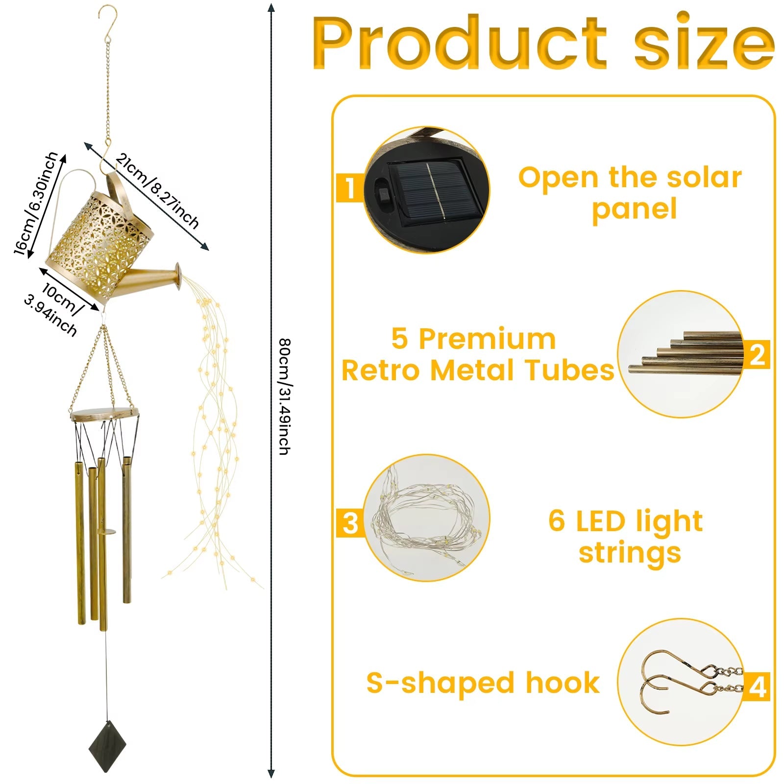 Solar Water Can Wind Chimes featuring metal tubes and LED lights with solar power