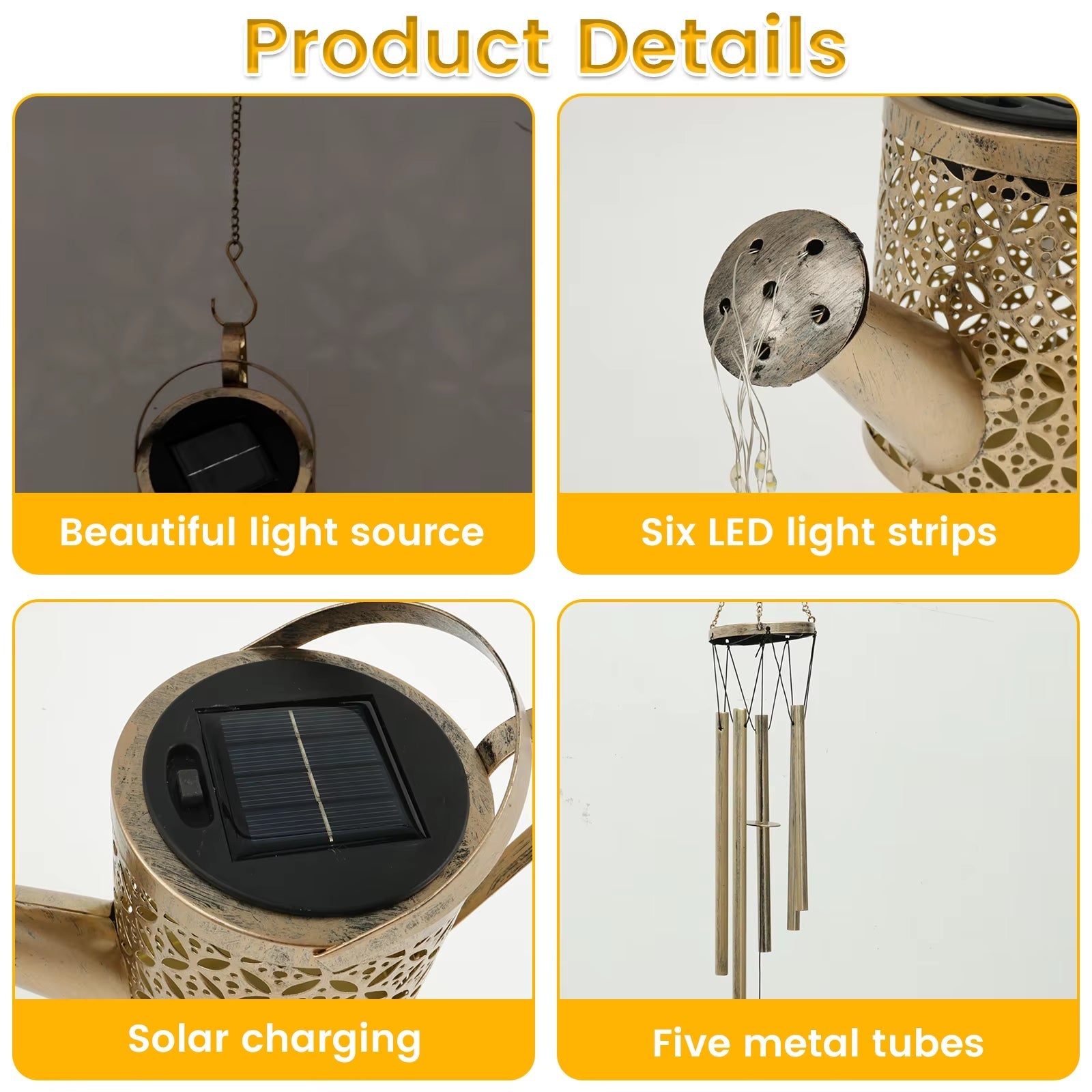 Solar Water Can Wind Chimes featuring LED lights and metal tubes for outdoor decor