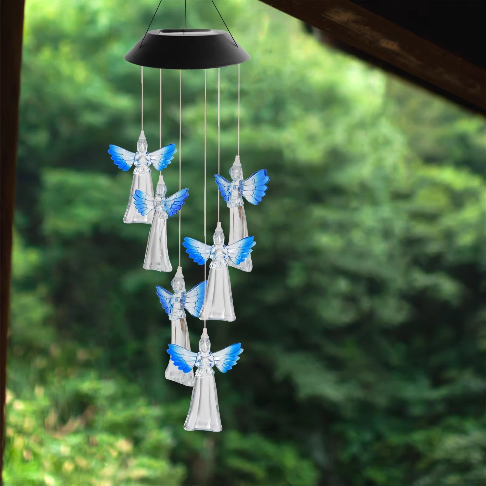 Wind chime with five glass angels and blue wings from Solar Wind Chimes Color Changing Lights