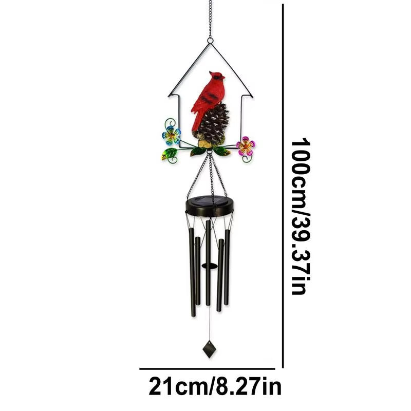 Cardinal-themed wind chime with metal tubes and pinecone for garden decor