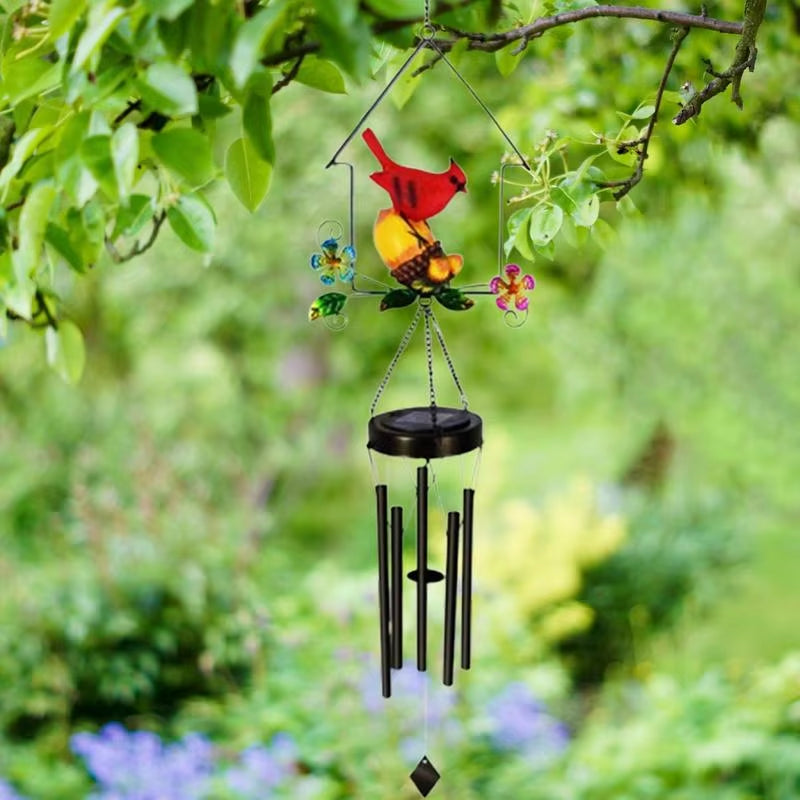 Solar Wind Chimes featuring Red Cardinal and Yellow Butterfly for Garden Decor