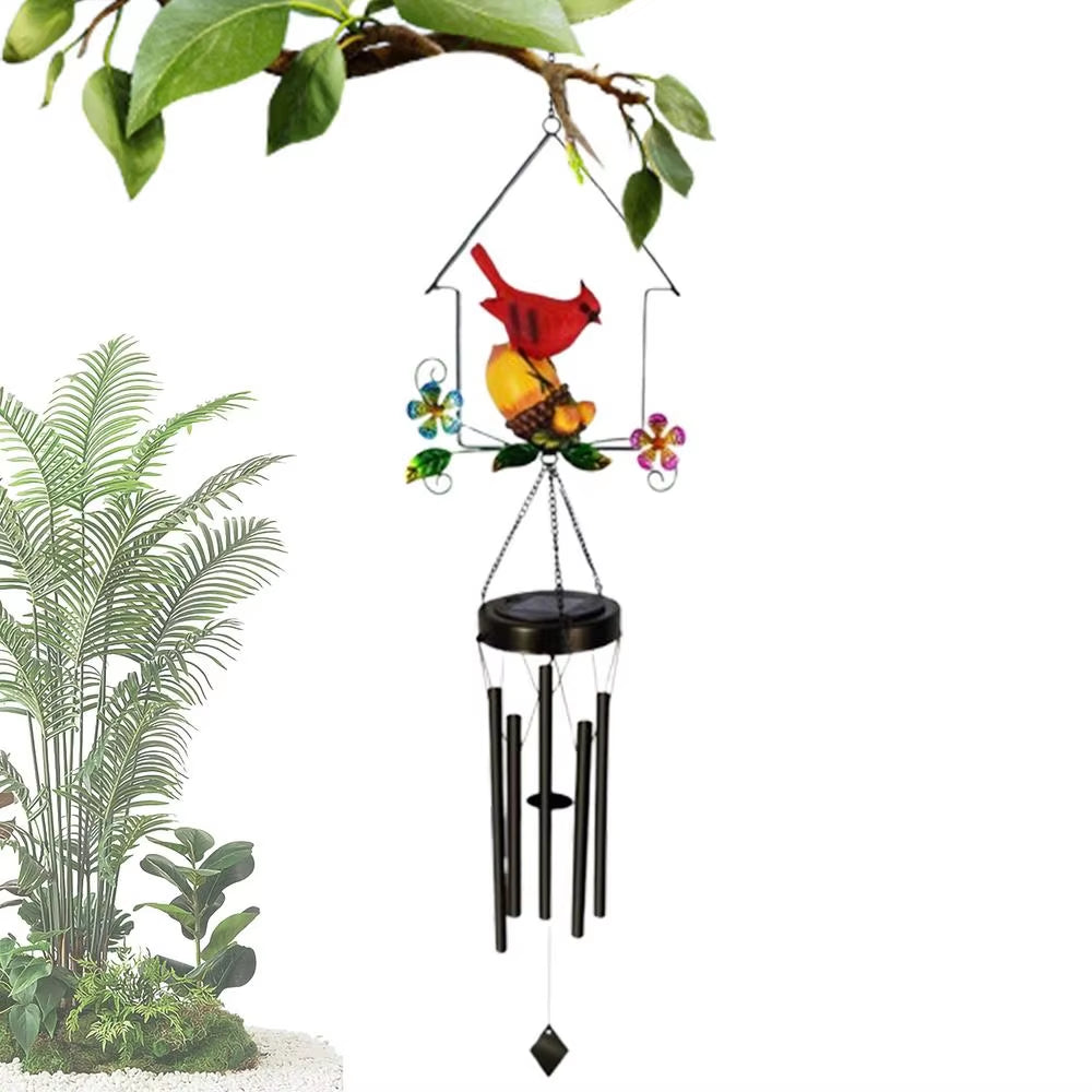 Decorative Solar Wind Chime featuring a red cardinal on a house ornament for gardens